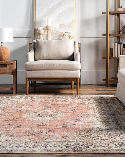 nuLOOM Ren Vintage Floral Machine Washable Ultra Thin Area Rug, 6x9, Peach - LeafyLoom