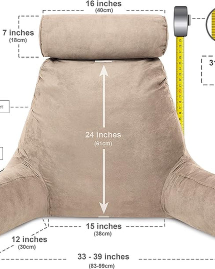 Husband Pillow XXL Aspen Edition, Adult Reading Sit Up Bed Rest Pillow for Bed with Arms & Neck Roll on Bungee Cord - Premium Memory Foam - Reversible 2 Sided Cover Micro Suede or Plush, Cowboy Taupe - LeafyLoom