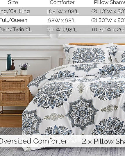 Southshore Fine Living, Inc. Oversized Full/Queen Comforter Bedding Set, Down Alternative Boho Bedspread, Paisley Floral Print Comforter, Full Size/Queen with 2 Matching Shams, Blue on White - LeafyLoom