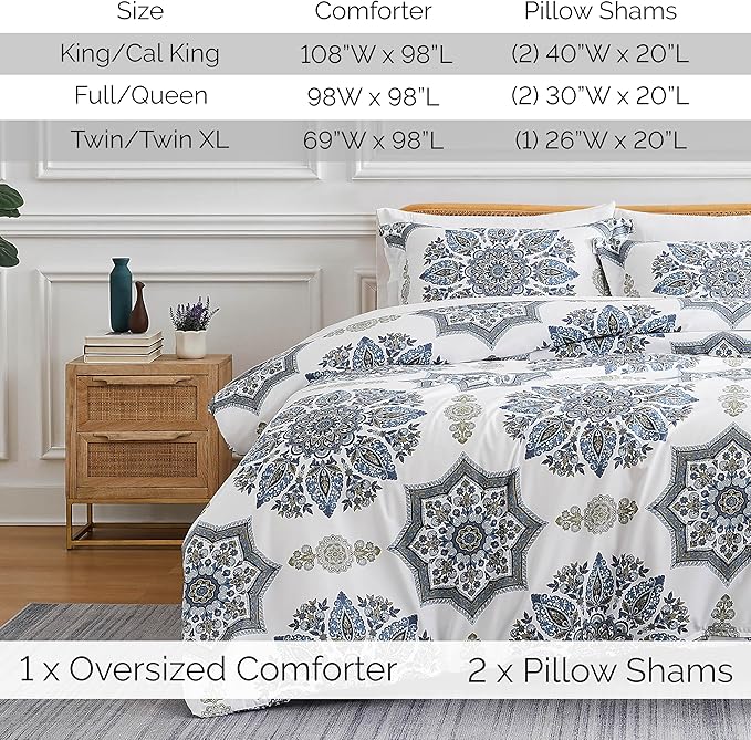 Southshore Fine Living, Inc. Oversized Full/Queen Comforter Bedding Set, Down Alternative Boho Bedspread, Paisley Floral Print Comforter, Full Size/Queen with 2 Matching Shams, Blue on White - LeafyLoom