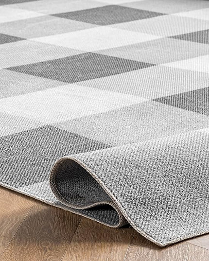 nuLOOM Lucy Machine Washable Farmhouse Buffalo Plaid Ultra Thin Area Rug, 6' Square, Grey - LeafyLoom