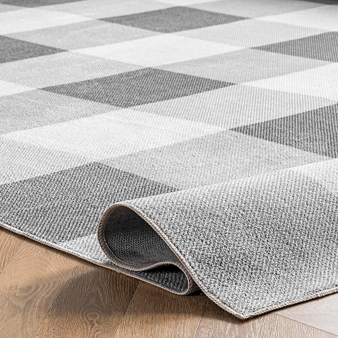 nuLOOM Lucy Machine Washable Farmhouse Buffalo Plaid Ultra Thin Area Rug, 6' Square, Grey - LeafyLoom
