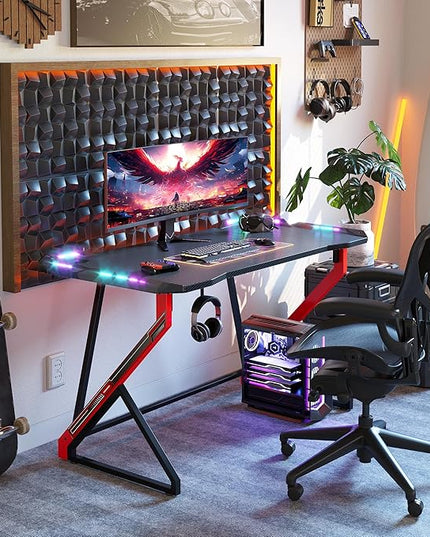 Gaming Desk with LED Lights, 47 Inch Computer Desk for Home Small Space, Gaming Table with Carbon Fiber Surface, PC Gamer Desk for Kids Boys Men, Black - LeafyLoom