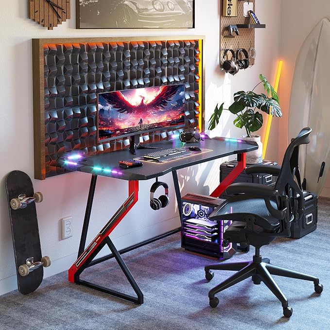 Gaming Desk with LED Lights, 47 Inch Computer Desk for Home Small Space, Gaming Table with Carbon Fiber Surface, PC Gamer Desk for Kids Boys Men, Black - LeafyLoom