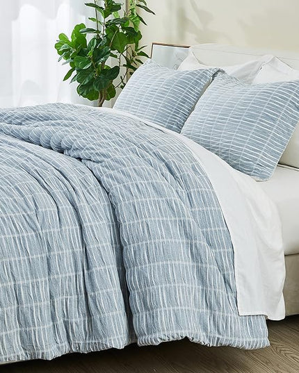 Full/Queen 100% Cotton Comforter Set | Blue Puckered Striped Down Alternative Comforter | All Season, Linen-Like, Textured 3 Piece Bedding Comforter Set (Full/Queen, Blue) - LeafyLoom