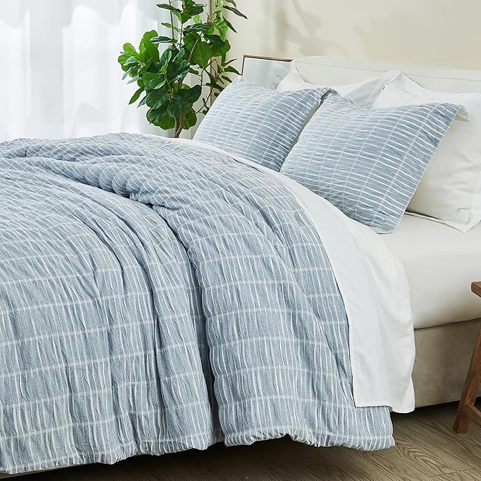 Full/Queen 100% Cotton Comforter Set | Blue Puckered Striped Down Alternative Comforter | All Season, Linen-Like, Textured 3 Piece Bedding Comforter Set (Full/Queen, Blue) - LeafyLoom