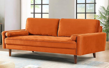 US Pride Furniture Velvet 70" Sofa Couch, Iconic Mid-Century Style Living Room Furniture with Contemporary Silhouette, Button Tufting and Wood Legs, includes 2 Bolster Pillows, Orange - LeafyLoom