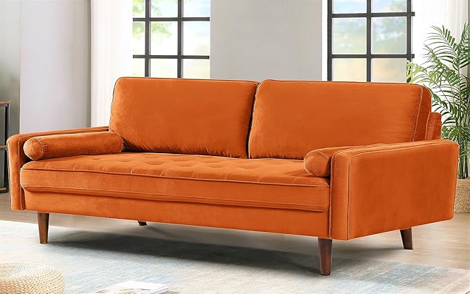 US Pride Furniture Velvet 70" Sofa Couch, Iconic Mid-Century Style Living Room Furniture with Contemporary Silhouette, Button Tufting and Wood Legs, includes 2 Bolster Pillows, Orange - LeafyLoom