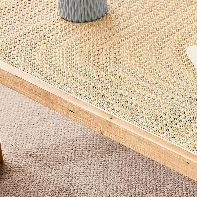 47.24'' Modern Rattan Coffee Table Imitation Rattan Tabletop with Rubber Wooden Legs Rectangle Coffee Tea Table for Living Room Dining Room - LeafyLoom