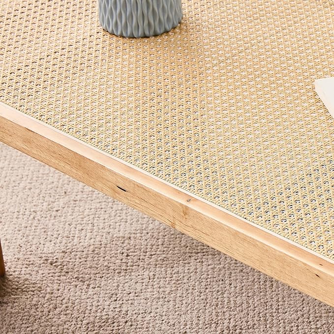 47.24'' Modern Rattan Coffee Table Imitation Rattan Tabletop with Rubber Wooden Legs Rectangle Coffee Tea Table for Living Room Dining Room - LeafyLoom