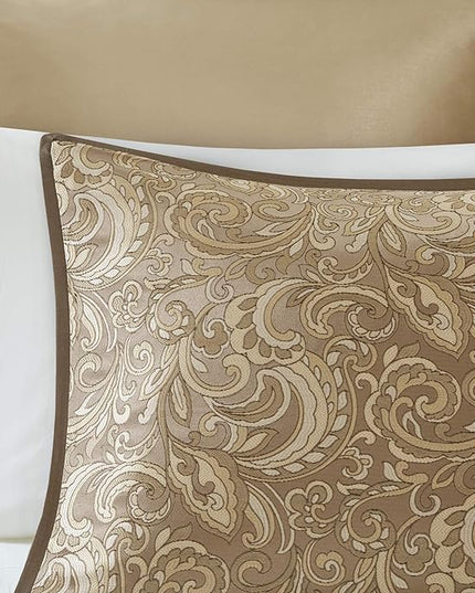 Madison Park Essentials Brystol 24 Piece Room in a Bag Faux Silk Comforter Jacquard Paisley Design Matching Curtains Down Alternative Hypoallergenic All Season Bedding-Set, King(104"x92"), Brown - LeafyLoom