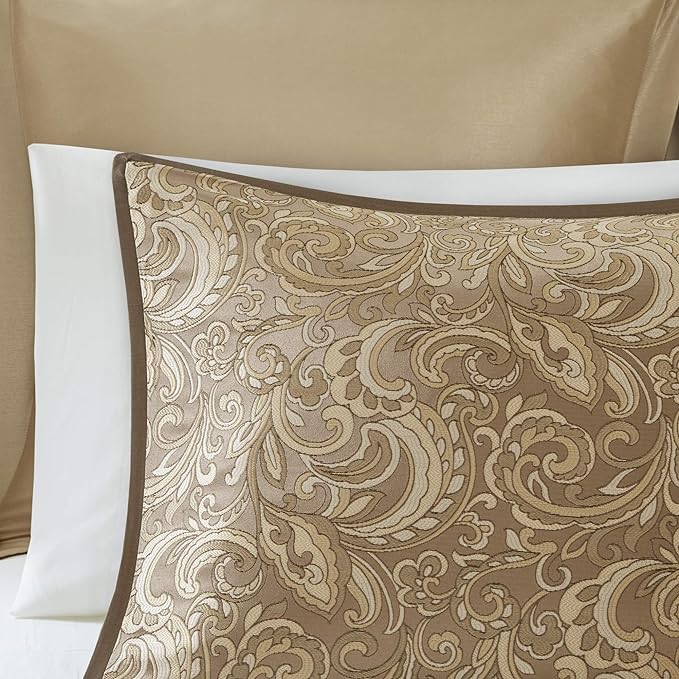 Madison Park Essentials Brystol 24 Piece Room in a Bag Faux Silk Comforter Jacquard Paisley Design Matching Curtains Down Alternative Hypoallergenic All Season Bedding-Set, King(104"x92"), Brown - LeafyLoom