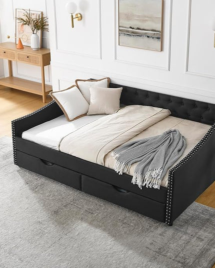 Full Size Daybed with 2 Drawers, Upholstered Tufted Day Bed, with Button Back and Waved Shape Arms, Wood Slat Support, No Spring Box Need, for Bedroom, Livingroom - LeafyLoom