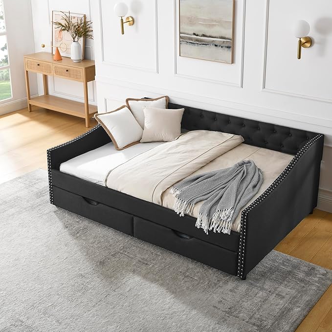 Full Size Daybed with 2 Drawers, Upholstered Tufted Day Bed, with Button Back and Waved Shape Arms, Wood Slat Support, No Spring Box Need, for Bedroom, Livingroom - LeafyLoom