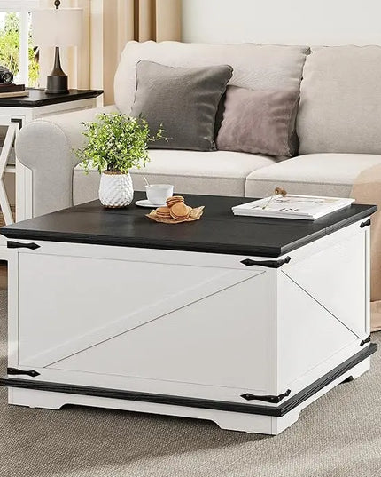 YITAHOME Farmhouse Lift Top Coffee Table, Square Wood Center Table with Large Hidden Storage Compartment for Living Room, Rustic Cocktail Table with Lift Top for Home Office,White - LeafyLoom
