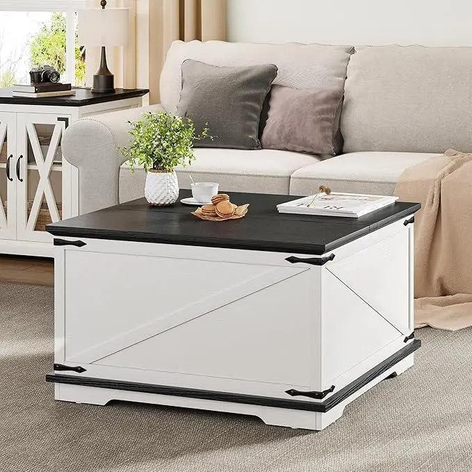 YITAHOME Farmhouse Lift Top Coffee Table, Square Wood Center Table with Large Hidden Storage Compartment for Living Room, Rustic Cocktail Table with Lift Top for Home Office,White - LeafyLoom
