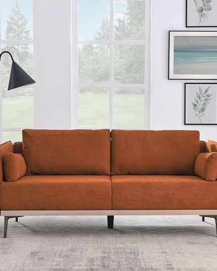 Modern Linen Upholstered 3-Seat Sofa Couch with Stainless Steel Trim and Metal Legs for Living Room, 2 Pillows Included, 72.83", Orange-119 - LeafyLoom