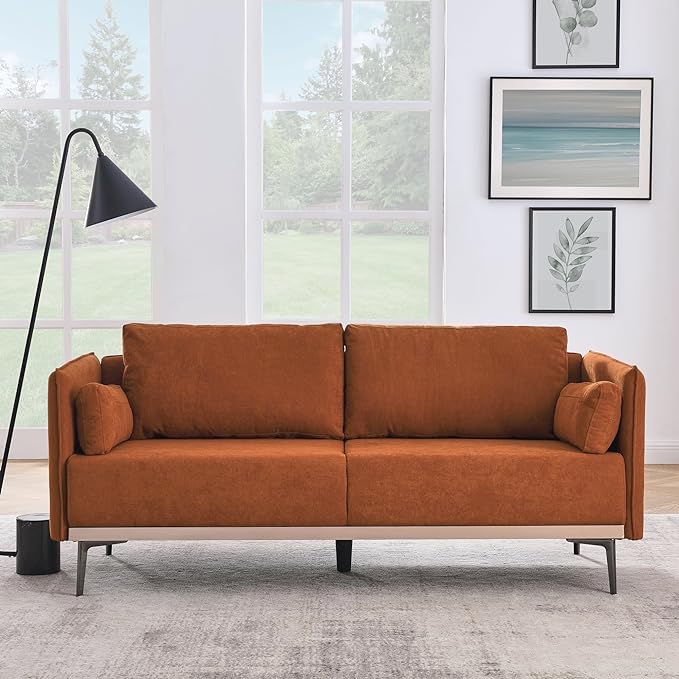 Modern Linen Upholstered 3-Seat Sofa Couch with Stainless Steel Trim and Metal Legs for Living Room, 2 Pillows Included, 72.83", Orange-119 - LeafyLoom
