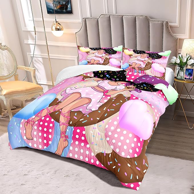 African American Girl Comforter Set Black Girl Comforter Set Princess Bedding with Donut Girl Prints Kids Comforter Sets Gifts for Girls Bedroom Decor Pink Full Size Quilt Sets with 2 Pillowcases - LeafyLoom