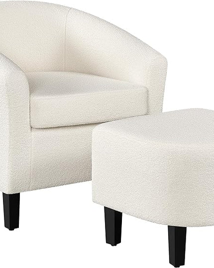 Yaheetech Accent Chair and Ottoman Set, Modern Fuzzy Sherpa Barrel Chair and Footrest, Comfy Boucle Armchair and Footstool for Living Room/Bedroom/Reading Room/Guestroom, Ivory - LeafyLoom