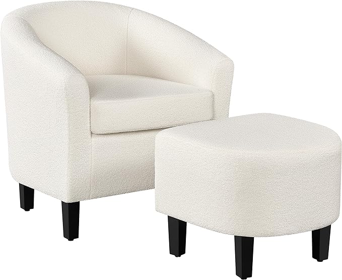 Yaheetech Accent Chair and Ottoman Set, Modern Fuzzy Sherpa Barrel Chair and Footrest, Comfy Boucle Armchair and Footstool for Living Room/Bedroom/Reading Room/Guestroom, Ivory - LeafyLoom