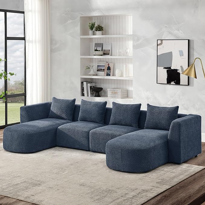 117" U-Shape Sectional Single Seats and Two Chaises, Modular Sofa, DIY Combination, Loop Yarn Fabric for Living Room, Apartment, 117inch, Blue - LeafyLoom