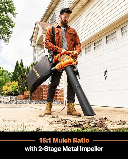 LawnMaster BV1210 Electric Blower Vacuum Mulcher 12 Amp 2-Speed Adjustment with Metal Impeller 240 MPH 380 CFM 16:1 Mulch Ratio - LeafyLoom