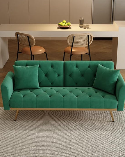 Velvet Upholstered Modern Convertible Futon Couch Folding Sofa Bed Recliner Lounge Loveseat Daybed Sofacama with Adjustable Backrest and Golden Legs for Small RV Living Room Office, Green 68.3" - LeafyLoom