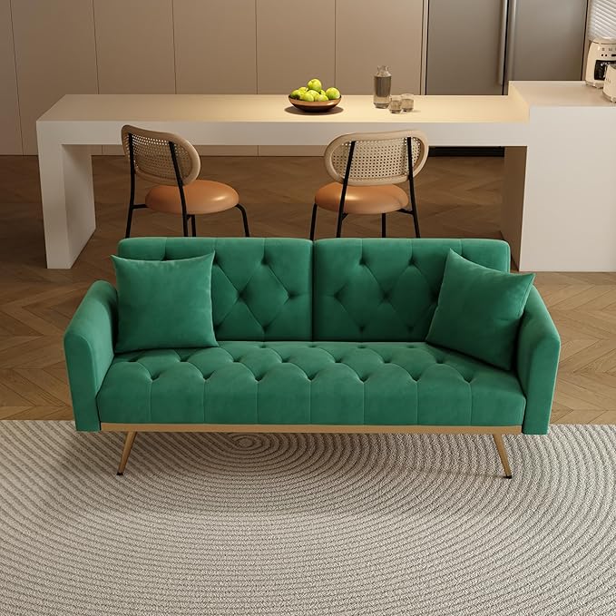 Velvet Upholstered Modern Convertible Futon Couch Folding Sofa Bed Recliner Lounge Loveseat Daybed Sofacama with Adjustable Backrest and Golden Legs for Small RV Living Room Office, Green 68.3" - LeafyLoom