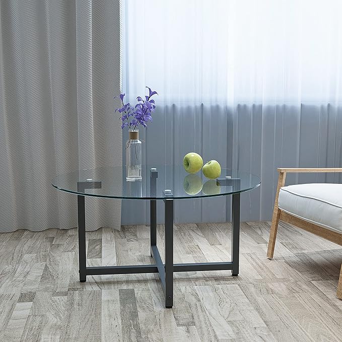 NicBex Coffee Table Modern Tempered Glass Coffee Table with Storage Round Center Tables with Metal Legs Dining Table for Living Room, Dining Room, Office, and Bedroom,35.44" W, Transparent+Gray - LeafyLoom