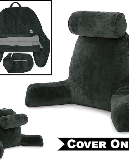 Husband Pillow XXL Cover Micro Plush Easy-Care Fabric Designed with Vibrant Long Lasting Color, Lush with Back & Side Pockets - Wide Large Zipper, Bed Rest Reading Pillowcase, Dark Green - LeafyLoom