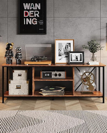 WLIVE TV Stand up to 65 Inch TV, 55" Entertainment Center, Industrial TV Console with Open Storage Shelf for Living Room and Bedroom, Rustic Brown - LeafyLoom