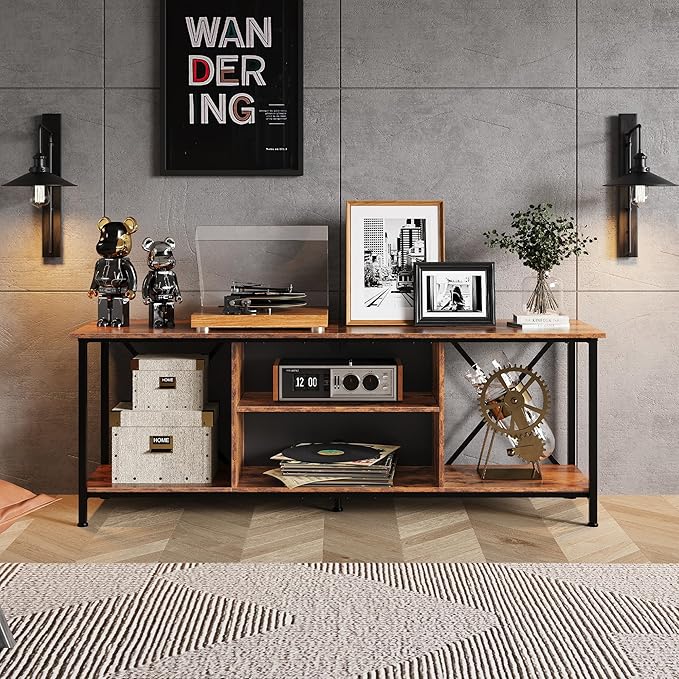 WLIVE TV Stand up to 65 Inch TV, 55" Entertainment Center, Industrial TV Console with Open Storage Shelf for Living Room and Bedroom, Rustic Brown - LeafyLoom
