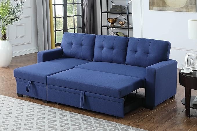 L Shaped Convertible Sofa, 82 Inch Sectional Couch Chaise, Linen Reversible Upholstered Pull Out Bed, Storage Space for Living Room, Apartment and Office, Blue, 82inch - LeafyLoom