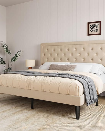 Allewie King Size Platform Bed Frame/Fabric Upholstered Bed Frame with Diamond Button Tufted Headboard/Adjustable Headboard/Wood Slat Support/Mattress Foundation/Beige (King) - LeafyLoom