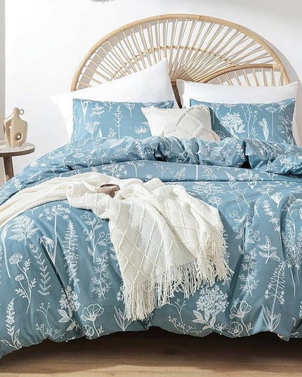 JANZAA Queen Comforter Set Floral Comforter Sets Queen Size Bedding Set Mineral Blue Comforter for All Season with 2 Pillow Shams Cute and Comfortable - LeafyLoom