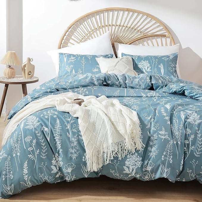 JANZAA Queen Comforter Set Floral Comforter Sets Queen Size Bedding Set Mineral Blue Comforter for All Season with 2 Pillow Shams Cute and Comfortable - LeafyLoom