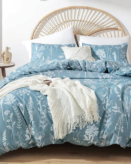 JANZAA King Size Comforter Set Floral Comforter Set 3 PCS Bedding Sets Mineral Blue Comforter Set Plant Flowers Printed on Fluffy Comforter Set for All Season - LeafyLoom