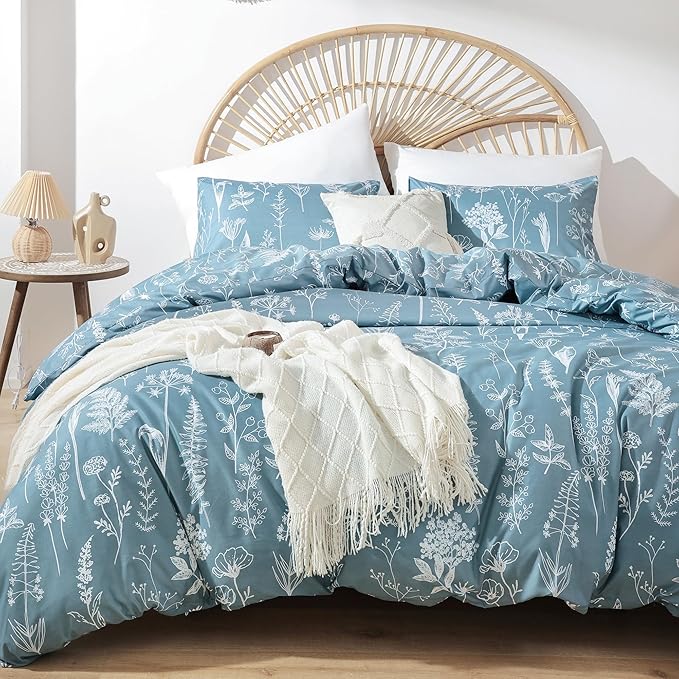 JANZAA King Size Comforter Set Floral Comforter Set 3 PCS Bedding Sets Mineral Blue Comforter Set Plant Flowers Printed on Fluffy Comforter Set for All Season - LeafyLoom