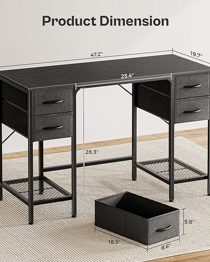 47 Inch Computer Desk with 4 Drawers, Office Desk with Mesh Shelf, Gaming Desk, Large Storage, Writing Desk Work Desk for Home Office, Study, Bedroom, Work from Home, Black - LeafyLoom
