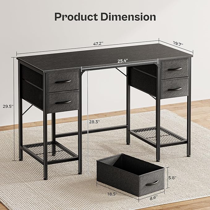 47 Inch Computer Desk with 4 Drawers, Office Desk with Mesh Shelf, Gaming Desk, Large Storage, Writing Desk Work Desk for Home Office, Study, Bedroom, Work from Home, Black - LeafyLoom