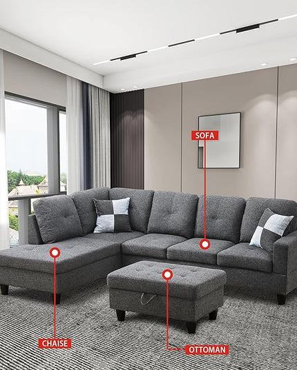 ROOMTEC Modern L Shaped Sectional Sofa Set with Storage Ottoman, Left Facing Chaise Longue, Reversible Backrest w/ 2 Cup Holders, Linen Tufted Cushions, for Living Room, Black Grey - LeafyLoom
