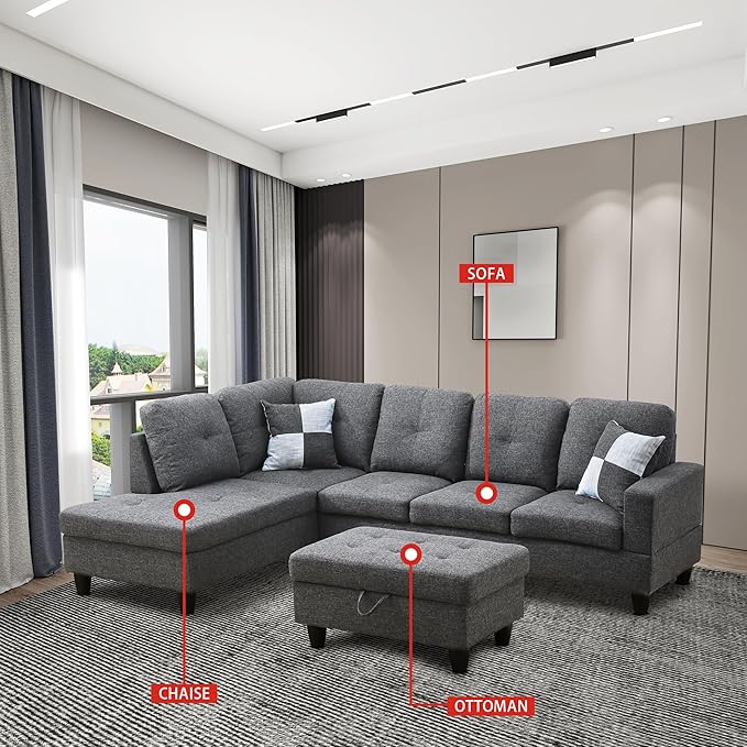 ROOMTEC Modern L Shaped Sectional Sofa Set with Storage Ottoman, Left Facing Chaise Longue, Reversible Backrest w/ 2 Cup Holders, Linen Tufted Cushions, for Living Room, Black Grey - LeafyLoom