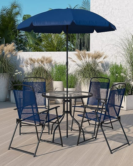 Flash Furniture Nantucket 6-Piece Patio Dining Set with Glass Table, 4 Folding Chairs, and Umbrella, Outdoor Patio Table, Chairs, Umbrella Set, Navy - LeafyLoom