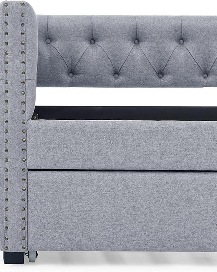 Linen Upholstered Twin Size Daybed with Twin Trundle, Wooden Sofa Bed Frame w/Button Tufted and Copper Nail on Square Arms, for Bedroom, Guest Room, No Spring Box Need, Grey - LeafyLoom