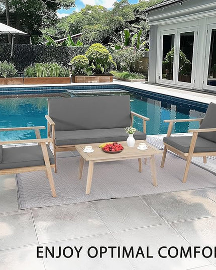 VINGLI Outdoor Patio Furniture, 4 Piece Acacia Wood Sofa Set w/Coffee Table, Patio Table and Chairs Set for Deck, Balcony, Backyard (Light Natural) - LeafyLoom