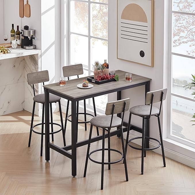 NicBex Dining Room Table Set for 4 Corner Dining Table Set Bar Table Set with 4 Bar Stools PU Soft Seat with Backrest Set for Kitchen, Dining Room, Dinette, Thicken Steel Frame, Grey - LeafyLoom