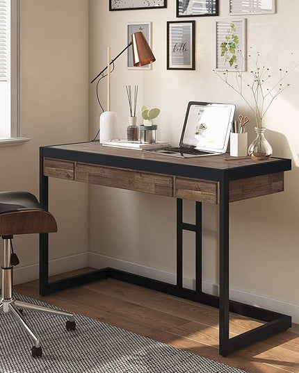 SIMPLIHOME Erina SOLID WOOD and Metal Modern Industrial 48 inch Wide Home Office Desk, Writing Table, Workstation, Study Table Furniture in Rustic Natural Aged Brown with 2 Drawers - LeafyLoom