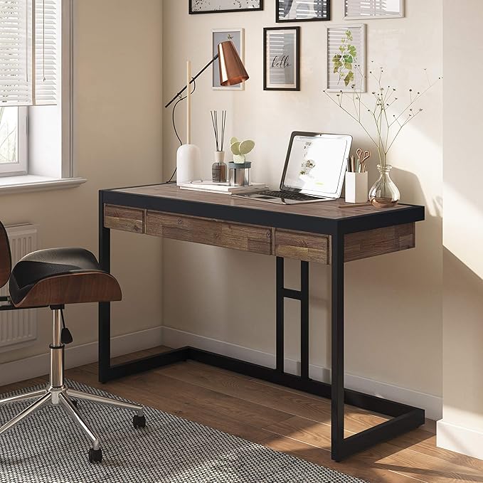 SIMPLIHOME Erina SOLID WOOD and Metal Modern Industrial 48 inch Wide Home Office Desk, Writing Table, Workstation, Study Table Furniture in Rustic Natural Aged Brown with 2 Drawers - LeafyLoom