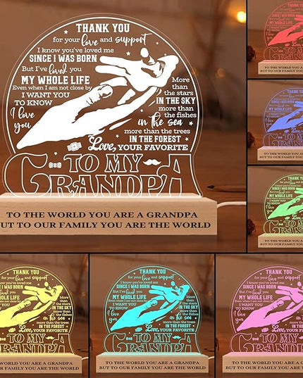 to My Grandpa Lamp, Grandpa Acrylic Night Light, Fathers Day Birthday Gifts for Grandpa Grandfather, 3D Illusion Lamp w/Wooden Base USB Powered Gifts for Men Dad Daddy Grandpa, Bedroom Décor - LeafyLoom